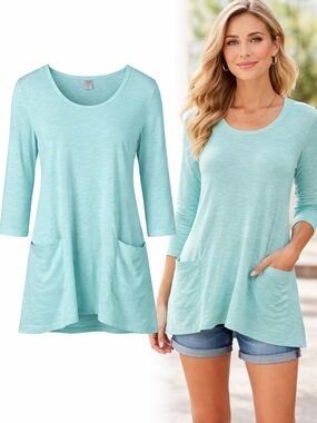 Cotton Lani Teal Blue 100% Cotton Pocket Top | 3/4 Sleeve Casual Tee | Size Smal